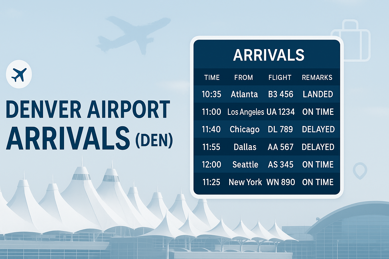 Minimalistic 16:9 Denver Airport Arrivals image showing DEN’s terminal, a digital arrivals board, airplane silhouettes, and blue-and-white aviation-themed graphics.