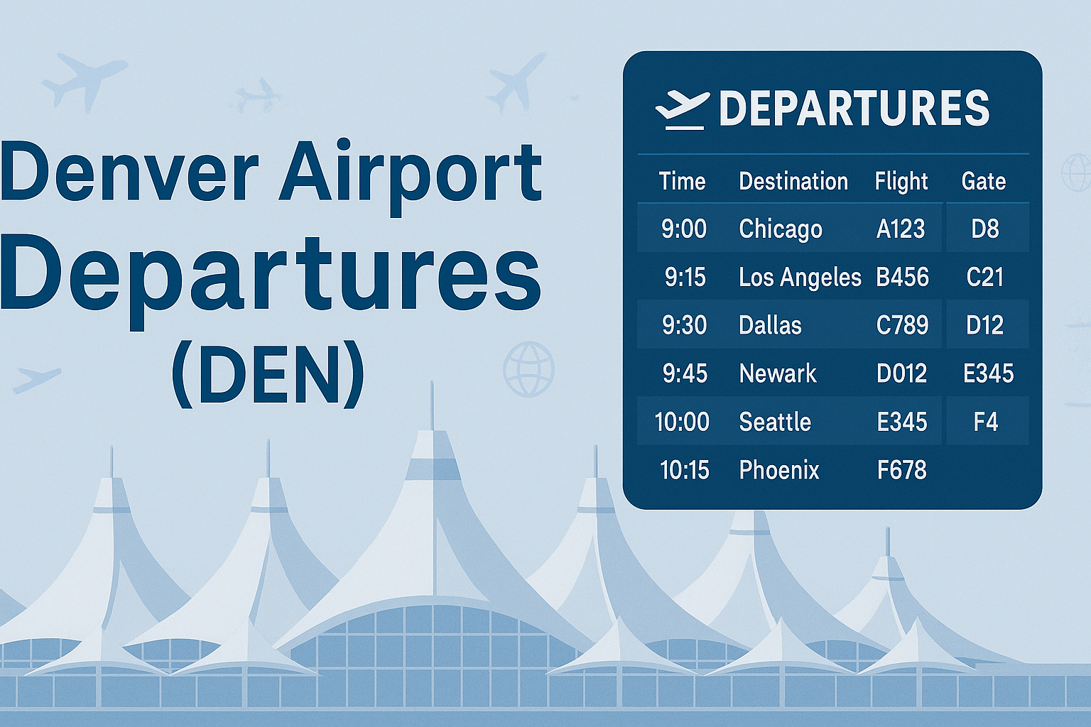 Minimalistic 16:9 Denver Airport Departures graphic with DEN terminal illustration, digital departure board, airplane silhouettes, and blue-and-white aviation design.